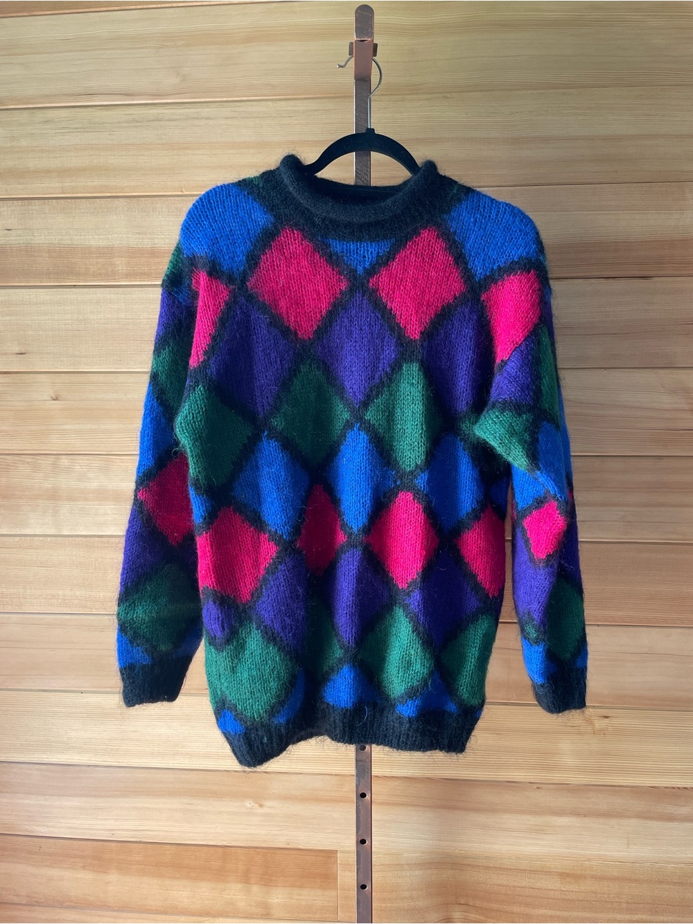 Vintage Multicolor Diamond Mohair Blend Crewneck Sweater - Women Medium